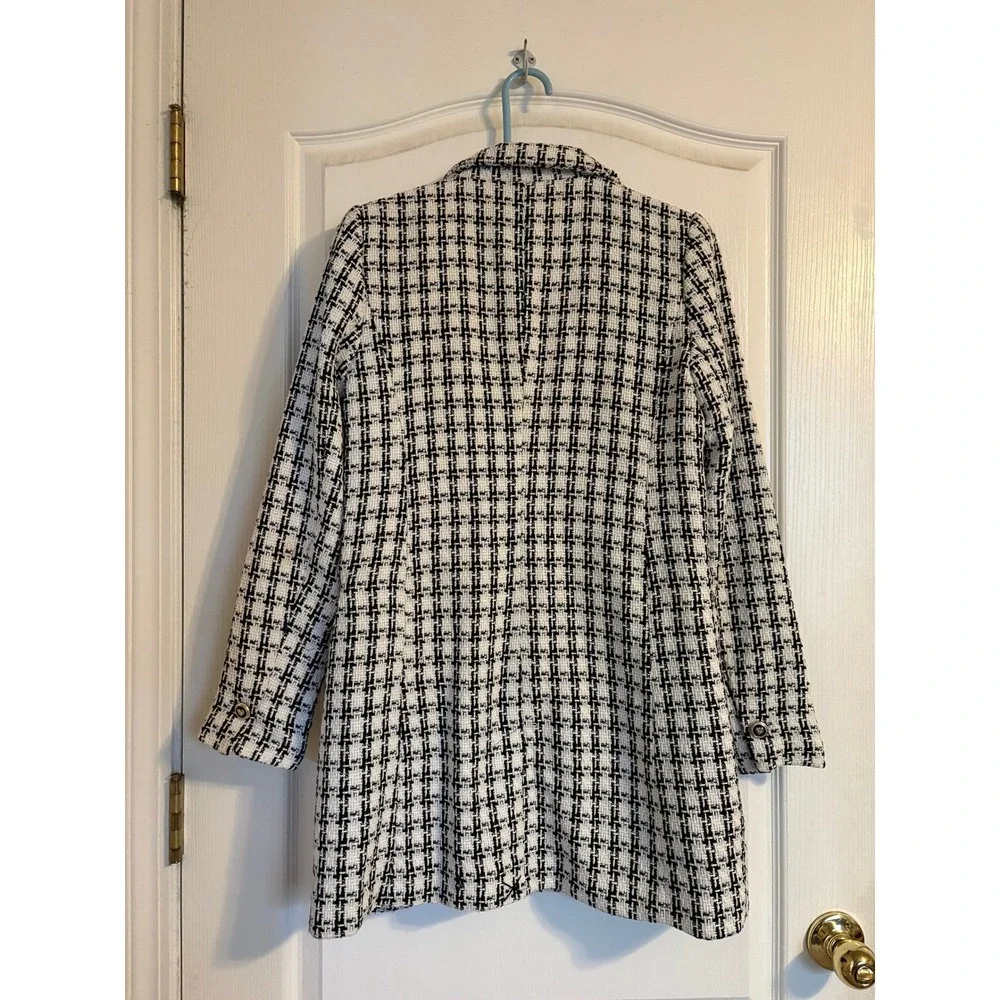 Rachel Zoe Womens Black White Tweed Longline Blazer Jacket‎ Heart Button Size S